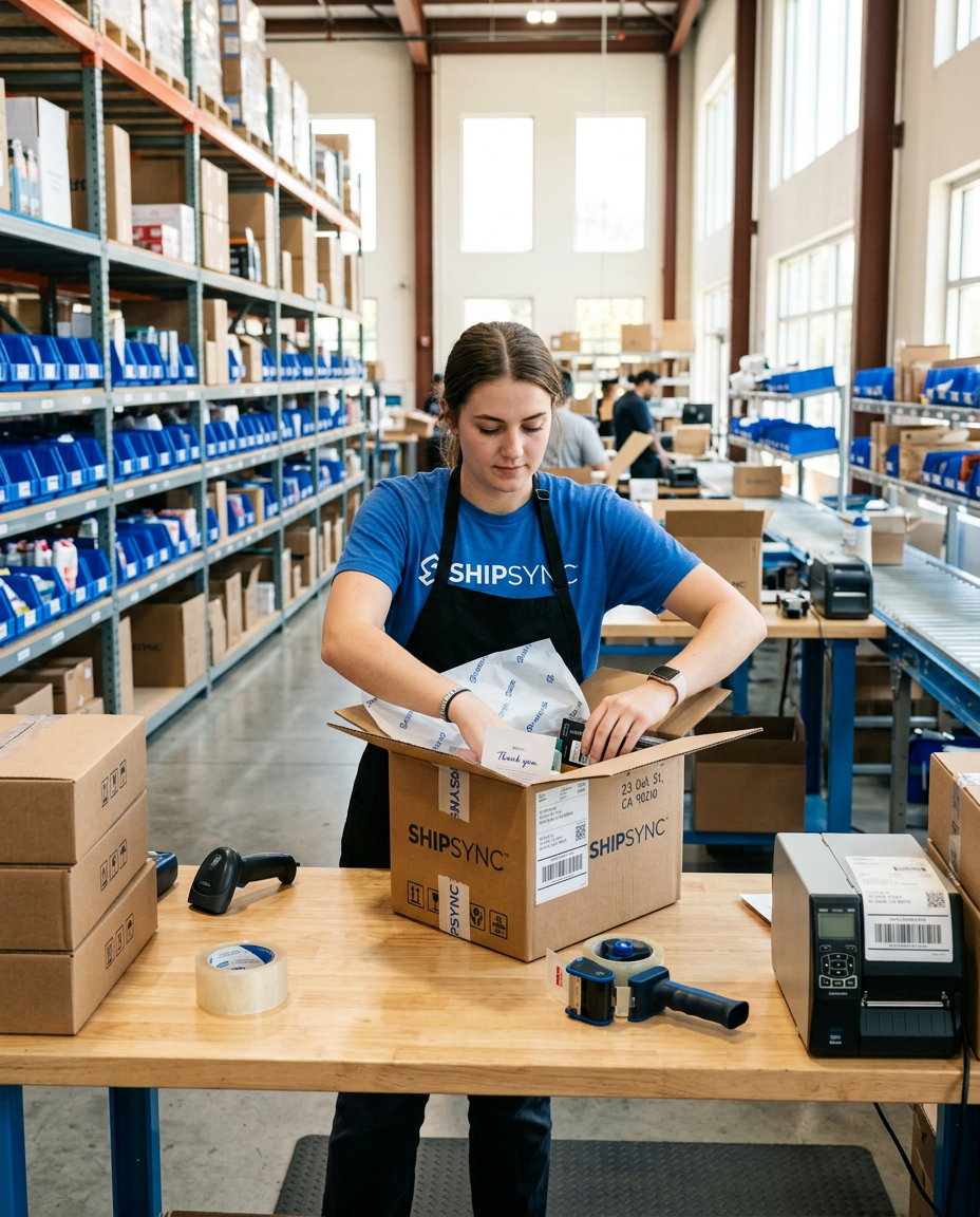 Team member packing an e-commerce order into a shipping box in a fulfillment space