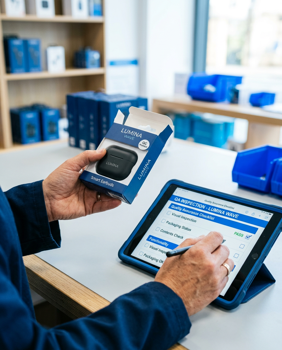Hands inspecting a boxed product against a quality assurance checklist on a tablet