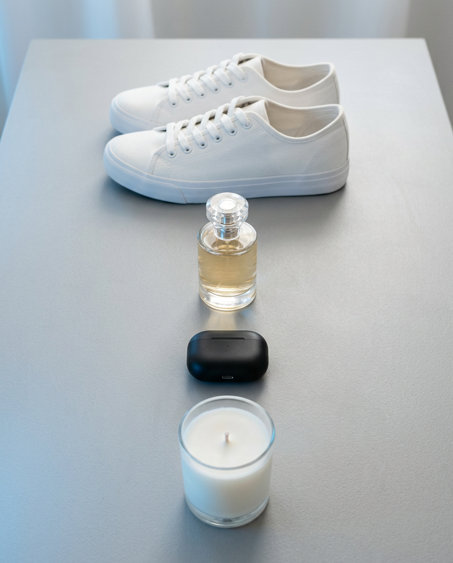 Assorted retail products including sneakers, perfume, earbuds and a candle on a light surface
